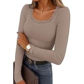 IWD Womens Long Sleeve Tops Casual Slim Fit T-Shirt Lace Crew Neck Ribbed Knit Shirts 2025 Fall Trendy Going Out Basic Tee