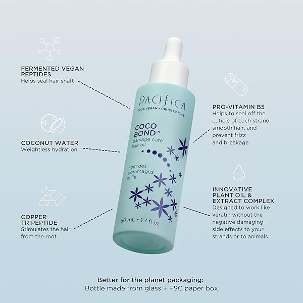 PACIFICA BEAUTY, COCO BOND HAIR OIL, TAME FLYAWAYS, OVERNIGHT TREATMENT WITH VITAMINS, PEPTIDES, MOISTURIZING REPAIR FOR GLOSSY, SMOOTH, SILICONE-FREE, VEGAN HAIR