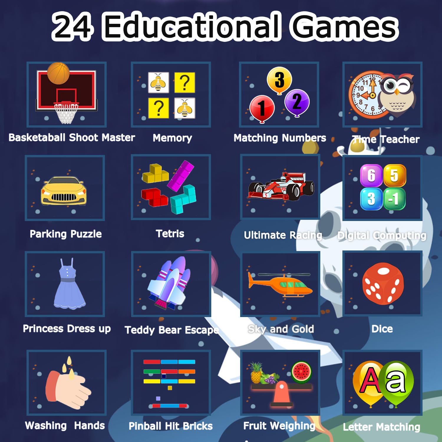 Cosjoype Kids Game Smart Watch for Kids with 24 Puzzle Games HD Touch Screen Camera Music Player Pedometer Alarm Clock Calculator Flashlight 12/24hr Kid Watch Gift for 4-12 Year Old Boys Toys for Kid