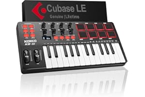 KOKKO MIDI Keyboard, Mini KB-25 25 Key MIDI Controller With 8 Backlit Drum Pads, 8 Knobs and Pitch Bend Wheel, Modulation Whe