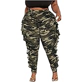 WDIRARA Women's Plus Size Ruffle Camo Print Pants Elastic High Waisted Leggings Skinny Pants
