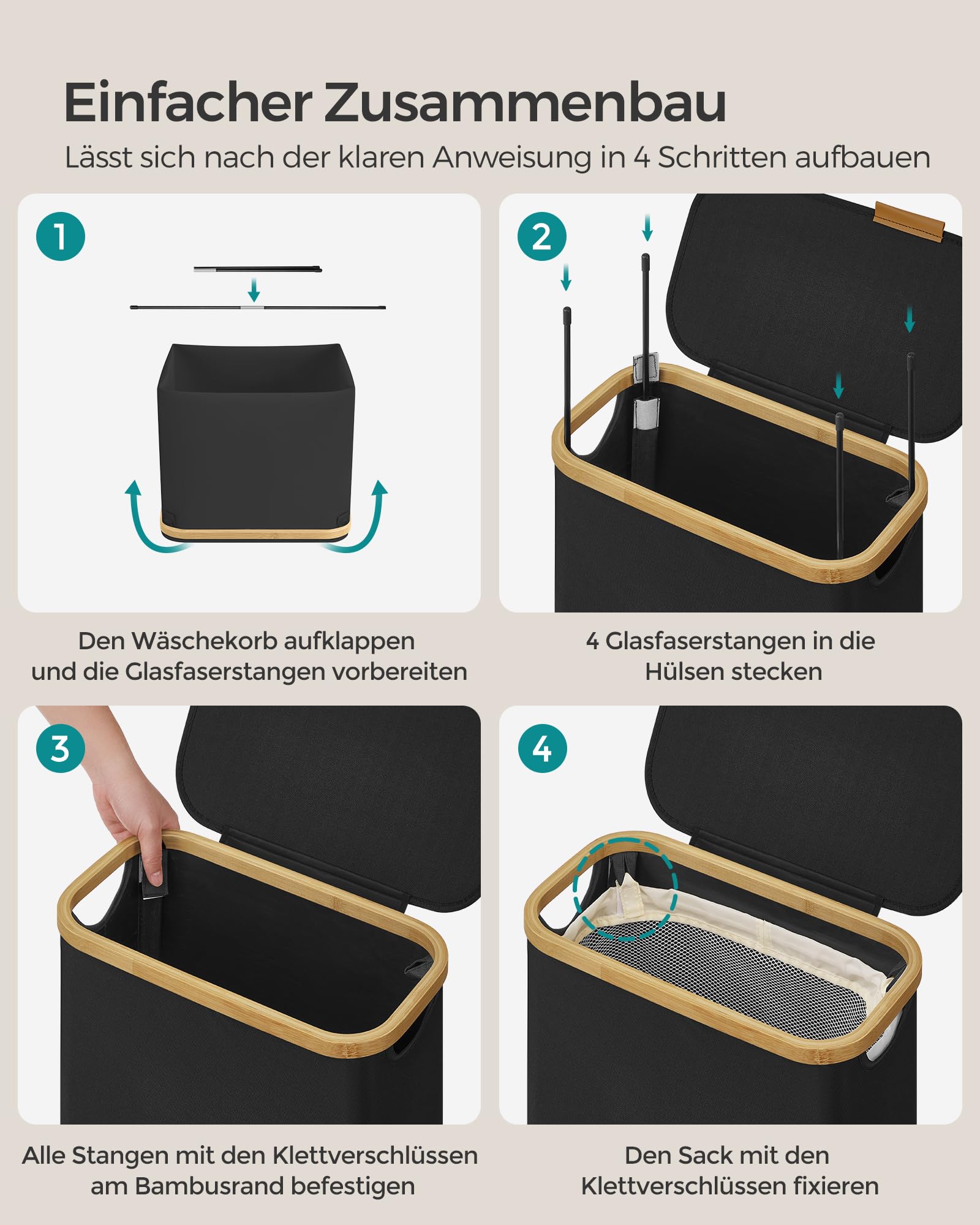 SONGMICS Wäschekorb mit Deckel, Wäschesammler 65 L, platzsparend, herausnehmbarer Wäschesack, Oxford-Gewebe, Griffe aus Bambus, zusammenklappbar, 42 x 22,5 x 70,5 cm, tintenschwarz LCB506B01 8