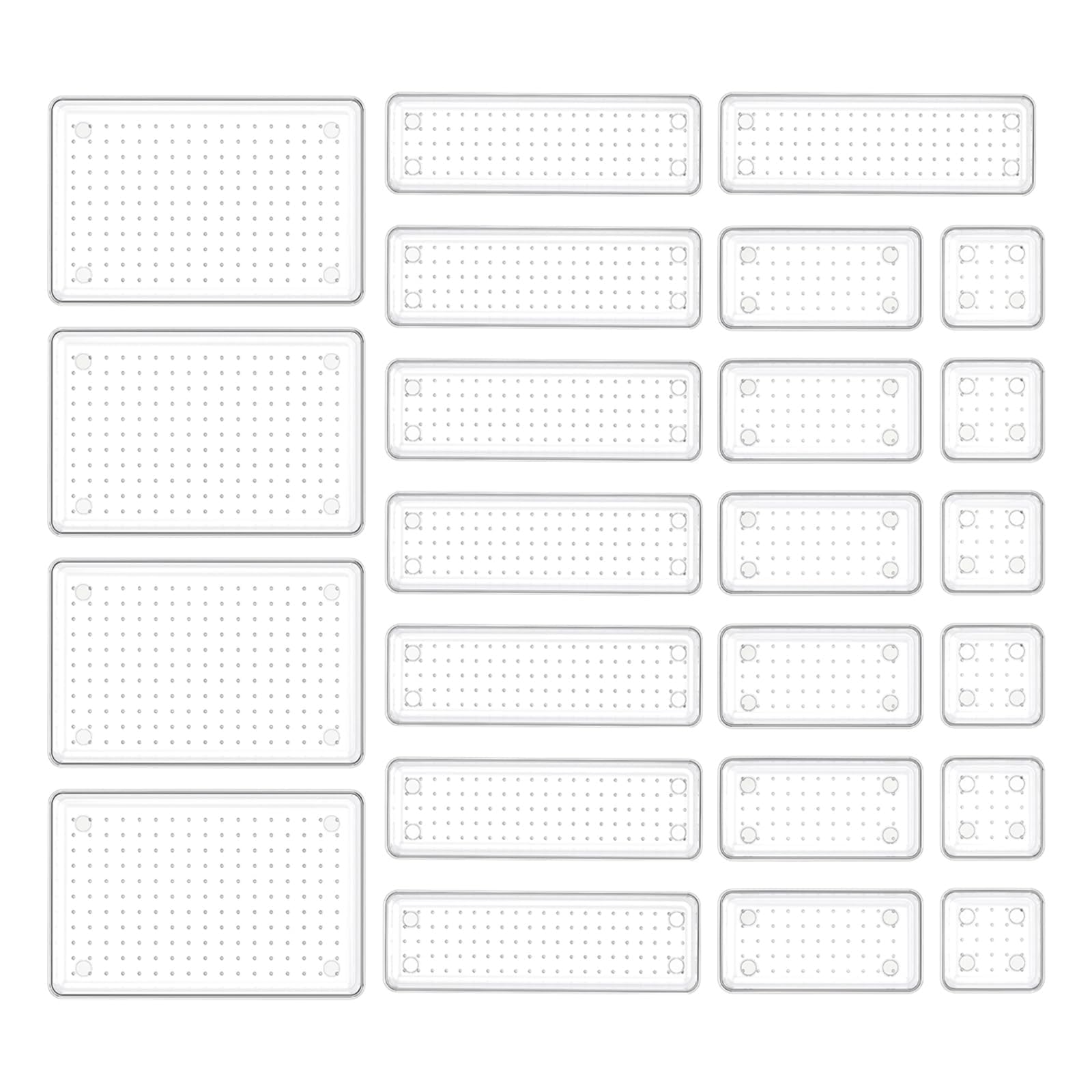 HOUSE DAY Makeup Drawer Organiser Trays 24 PCS, 4-Size Clear Drawer Organisers with Silicone Pads, Vanity Organisers and Storage, Non Slip Plastic Drawer Organiser for Desk, Bathroom, Kitchen, Office
