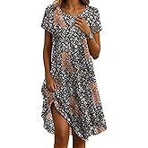 Womens Sundress 2025 Summer Boho Floral Short Sleeve Crewneck Midi Dress Casual A-Line Flowy Knee Lenth Dress with Pocket