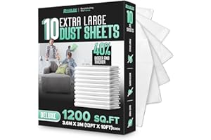 RAULDE Pack of 10 Large Plastic Dust Sheets for Decorating & Painting- 3.6m x 3m (12ft x 10ft) - Polythene Sheeting for Furni