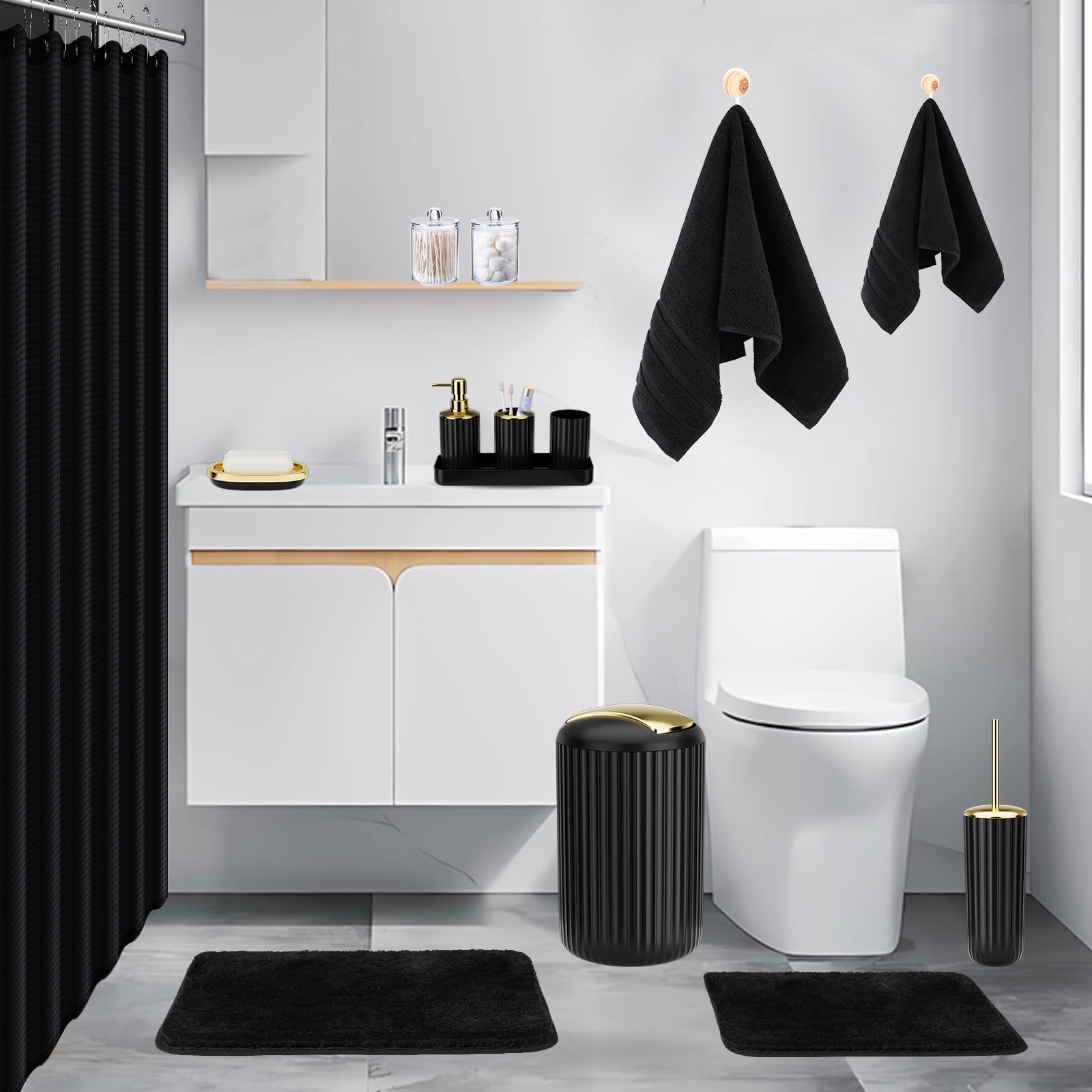 Photo 1 of Black Bathroom Accessories Set - 26PCS Black Bathroom Set with Shower Curtain, Rugs, Shower Curtain, Trash Can, Toilet Brush, Soap Dispenser and Toothbrush Set