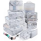 Veken 8 Set Packing Cubes for Travel Essentials, Suitcase Organizer Bags in 4 Sizes, Carry-On Luggage Accessories with Large Laundry & Hanging Toiletry Bag, Must-Have for Airplane, White Marbled