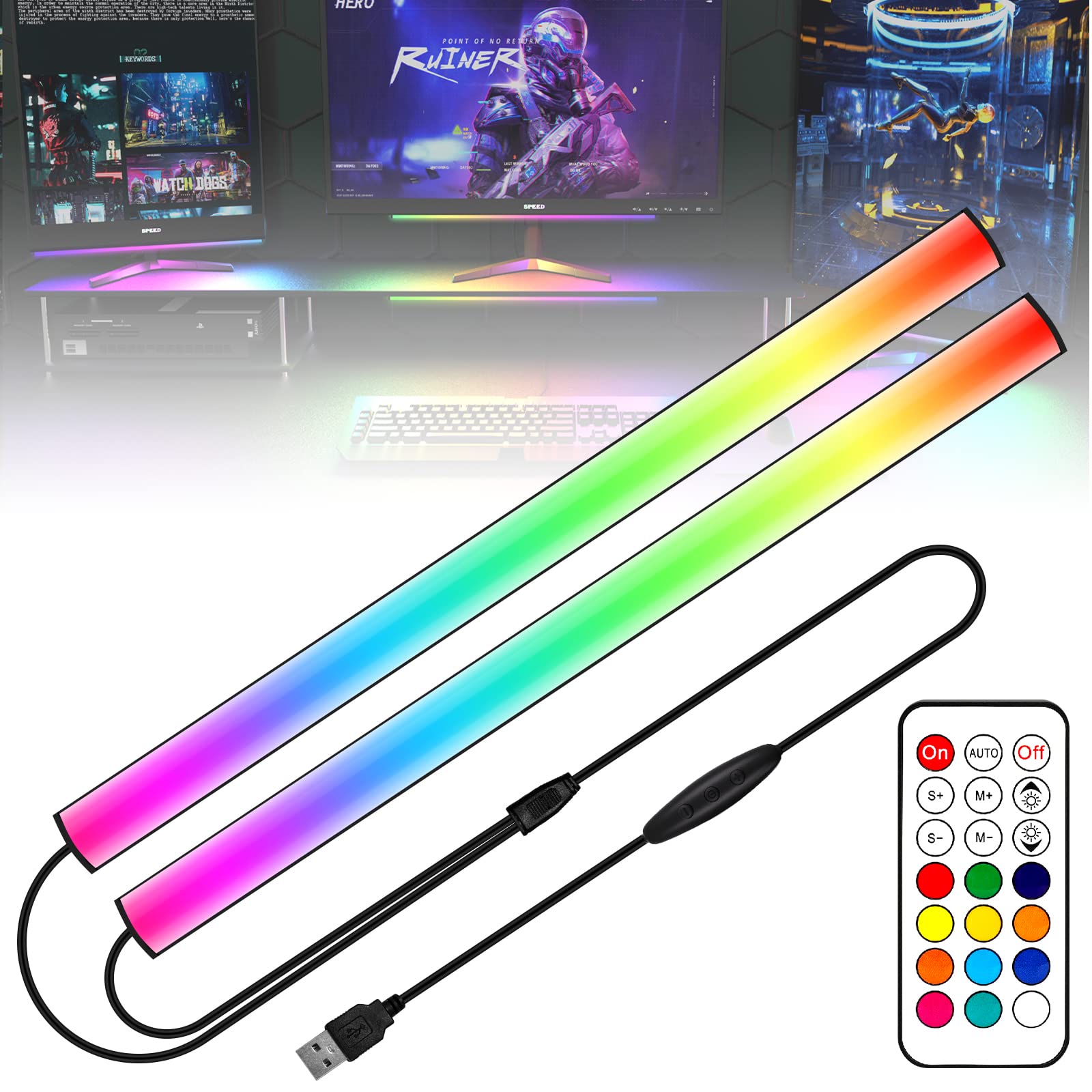WILLED 2-In-1 Under Monitor Light Bar, Gaming Lights for Gaming Setup, Desk Led with Remote Controller, 5V USB Powered RGB Light Bar, Color Changing Lamp, Desk Lighting for Keyboard Light, Computer/PC