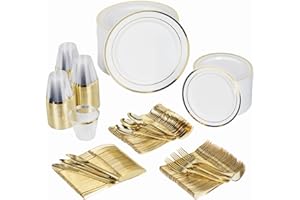 Prestee 600-Piece Disposable Party Dinnerware Set for 100 Guests - Gold Silverware Disposable with Plates, Cups, Knives, Forks, Spoons - Elegant Utensils for Wedding, Reception and Events Supplies