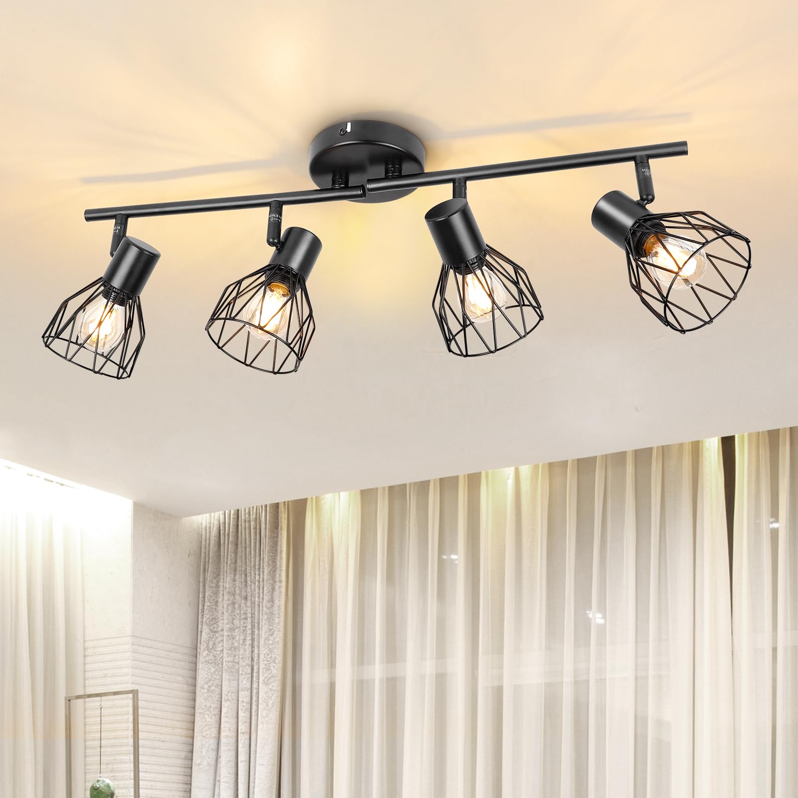 Dehobo Spot Light Fittings for Ceilings Adjustable Metal Wire Cage Kitchen Spotlight Ceiling Lights with E14 Base Black 4 Way Ceiling Light Industrial for Bedroom Hallway Living Room Shop