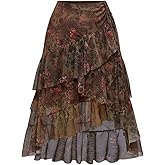 WDIRARA Women's Plus Size Boho Hippie Asymmetrical Skirt Paisley Floral Layered Ruffle High Low Long Skirts