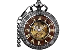 VIGOROSO Men's Hand-Wind Mechanical Pocket Watch Vintage Steampunk Wood Grain Hollow Design with Chain and Box