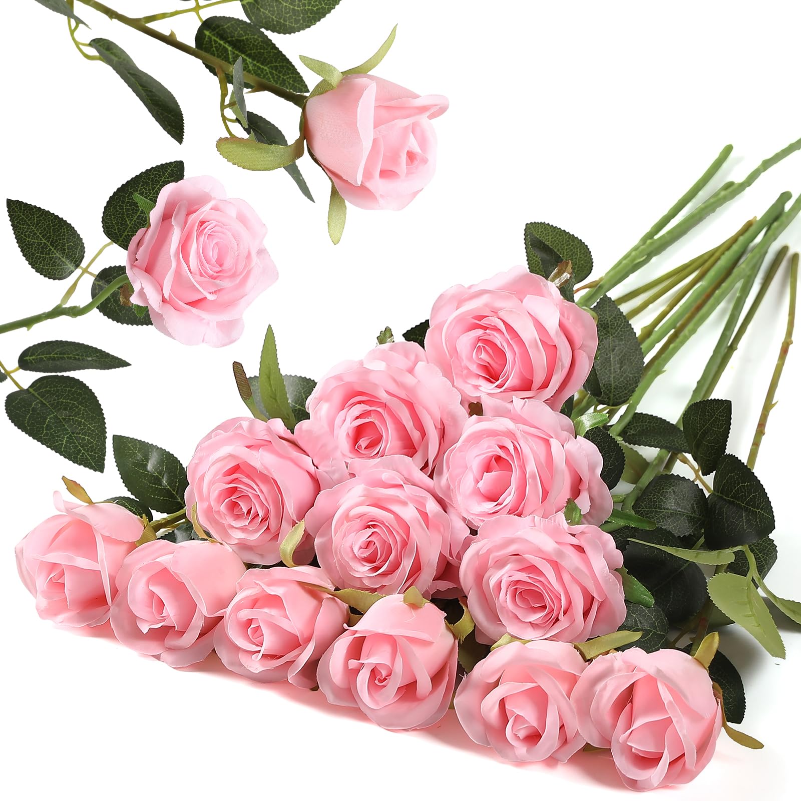 Hawesome 12PCS Artificial Roses Fake Flowers Single Long Stem Blooms With Rose Buds Wedding Decoration Bridal Bouquet Decorative Flower Arrangement Home Decoration Party Centerpieces in Pink