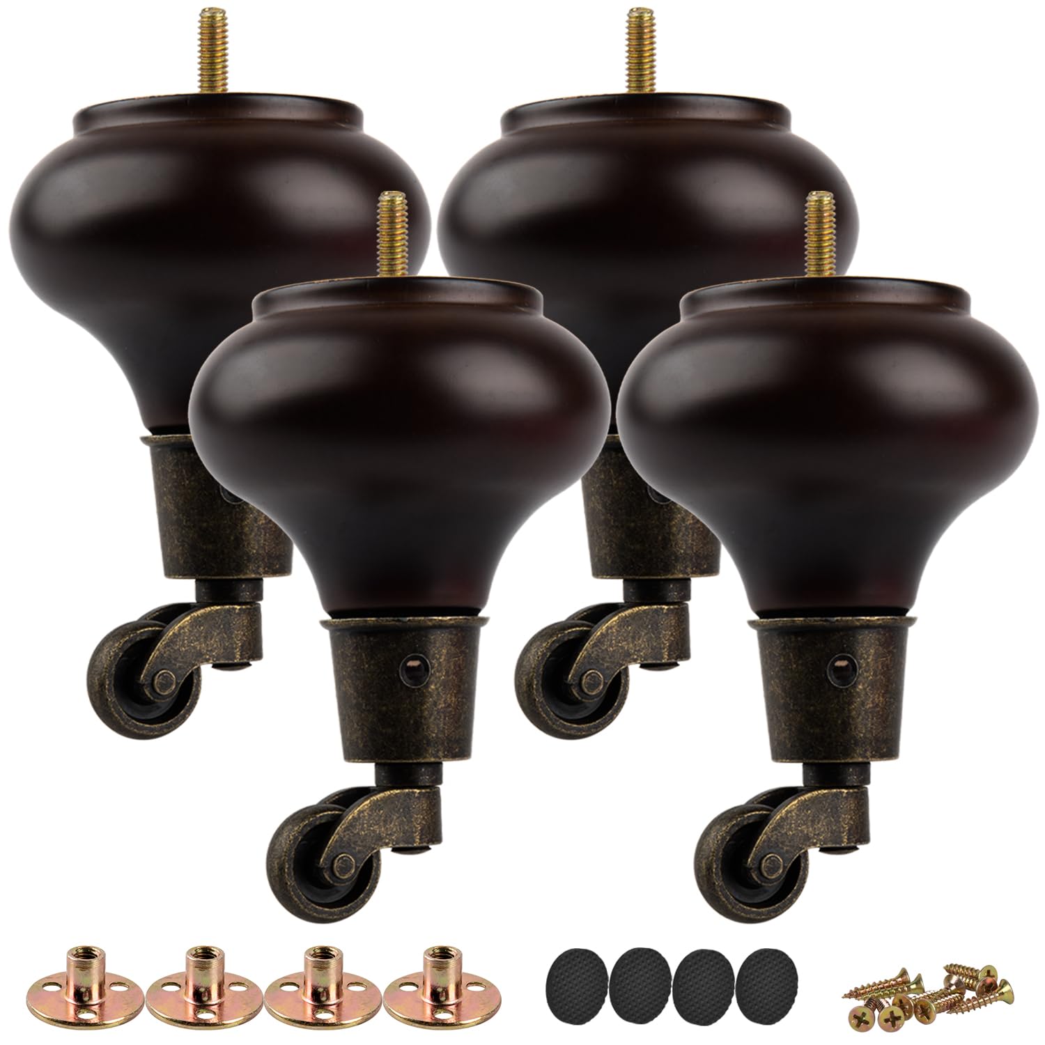 TCHOSUZ 5 inch / 13cm Wooden Furniture Legs, Pack of 4 Classic Walnut Solid Wood Round DIY Replacement Bun Feet with Caster Wheels for DIY Project Sofa Couch Cabinet Ottoman Bed Riser