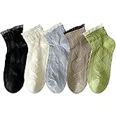 zrylibya Women Ruffle Frilly Lace Trim Ankle Socks Heart Pattern Textured Casual Cute Low Cut Socks 5 Pairs