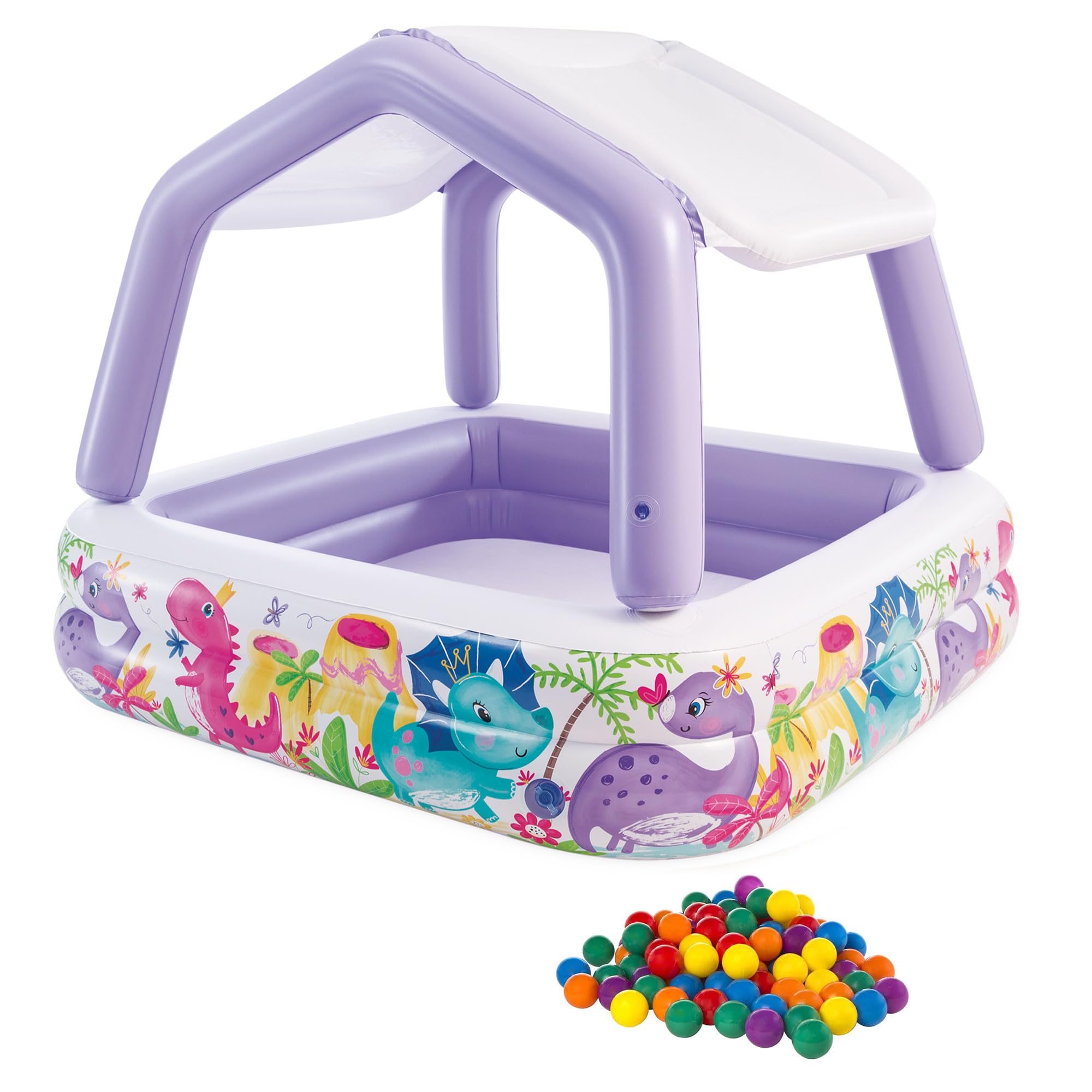 Intex 5 x 4 Feet Inflatable Ocean Scene Sun Shade Kiddie Swimming Pool with Canopy & Small Plastic Multi-Colored Fun Ballz with Carrying Bag, 100 Pack