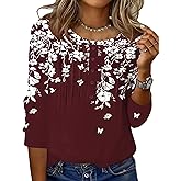 Zeagoo 3/4 Length Sleeve Womens Tops Round Neck Casual Summer Tunic Tops Basic Tees Blouses Dressy T-Shirts Pleated Shirts