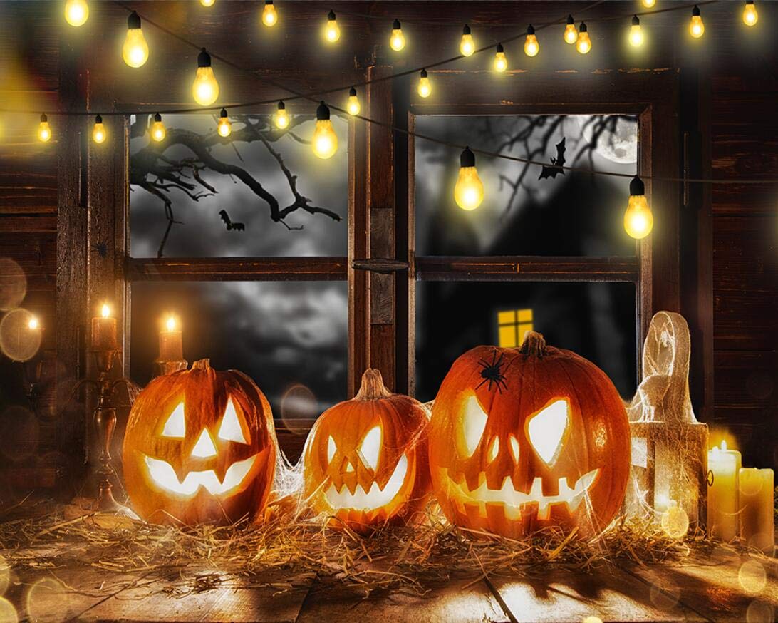 Haosphoto 7X5FT Happy Halloween Backdrop for Photography Halloween's Carnival Night Backdrops Pumpkin Grimace Wood Window Bokeh All Saints' Day Background for Hallowmas Party Photo Studio Props HS298