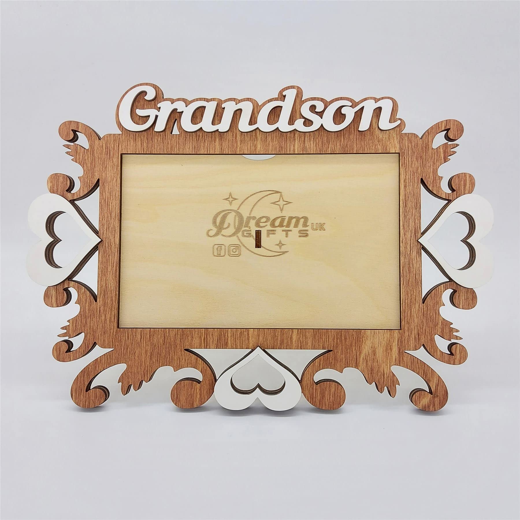 Grandson Baby Hand Made Wooden Photo Frame Decorative Gift for Tabletop or Wall - Hearts (Dark Wooden)
