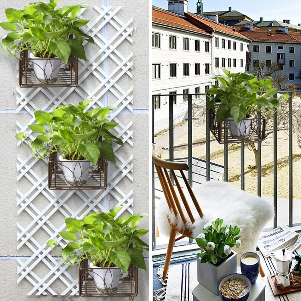 AmnoAmno 2PCS Balcony Hanging Flower Rack Stand Rail Planters Baskets Pots for Outside, Deck Railing Planters Boxes Outdoor Hanger Stand with Strong Metal Folding Design and Easy installation (Bronze) : Garden & Outdoor