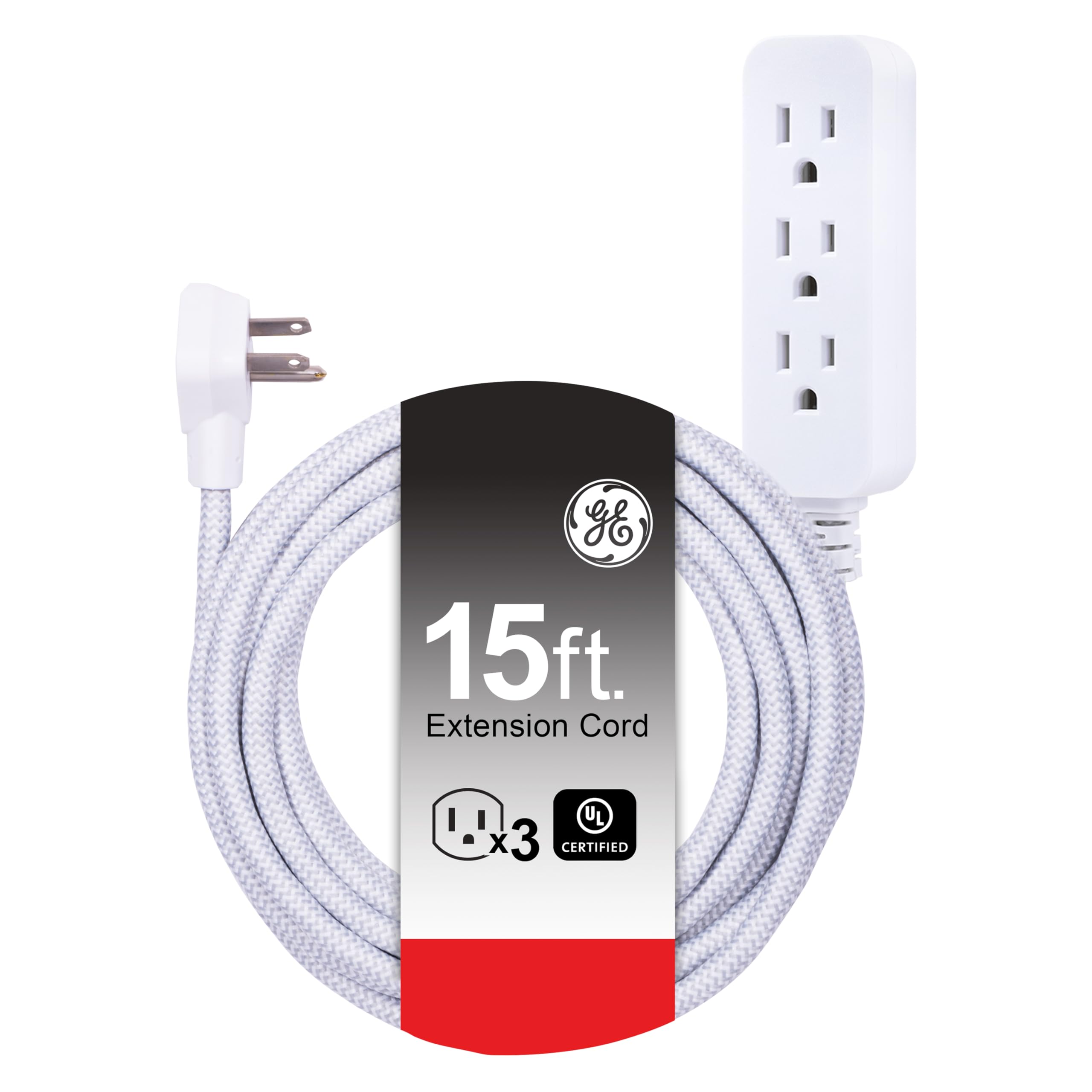 Photo 1 of GE 3-Outlet Power Strip Surge Protector 15 Ft Braided Extension Cord with Multiple Outlets Grounded Flat Plug UL Listed White 40530