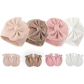 BQUBO Newborn Baby Hats Mittens Set Hospital Hat Beanie Infant Bow Hats Baby Gloves No Scratch Mittens for 0-6 Months