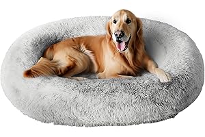 Cozzze Orthopedic Calming Dog Bed for Extra Large Dogs XL, Anti Anxiety Pet Bed with Supportive Foam, Removable Washable Oval Bed, Fluffy Dog Cuddle Bed, Light Grey