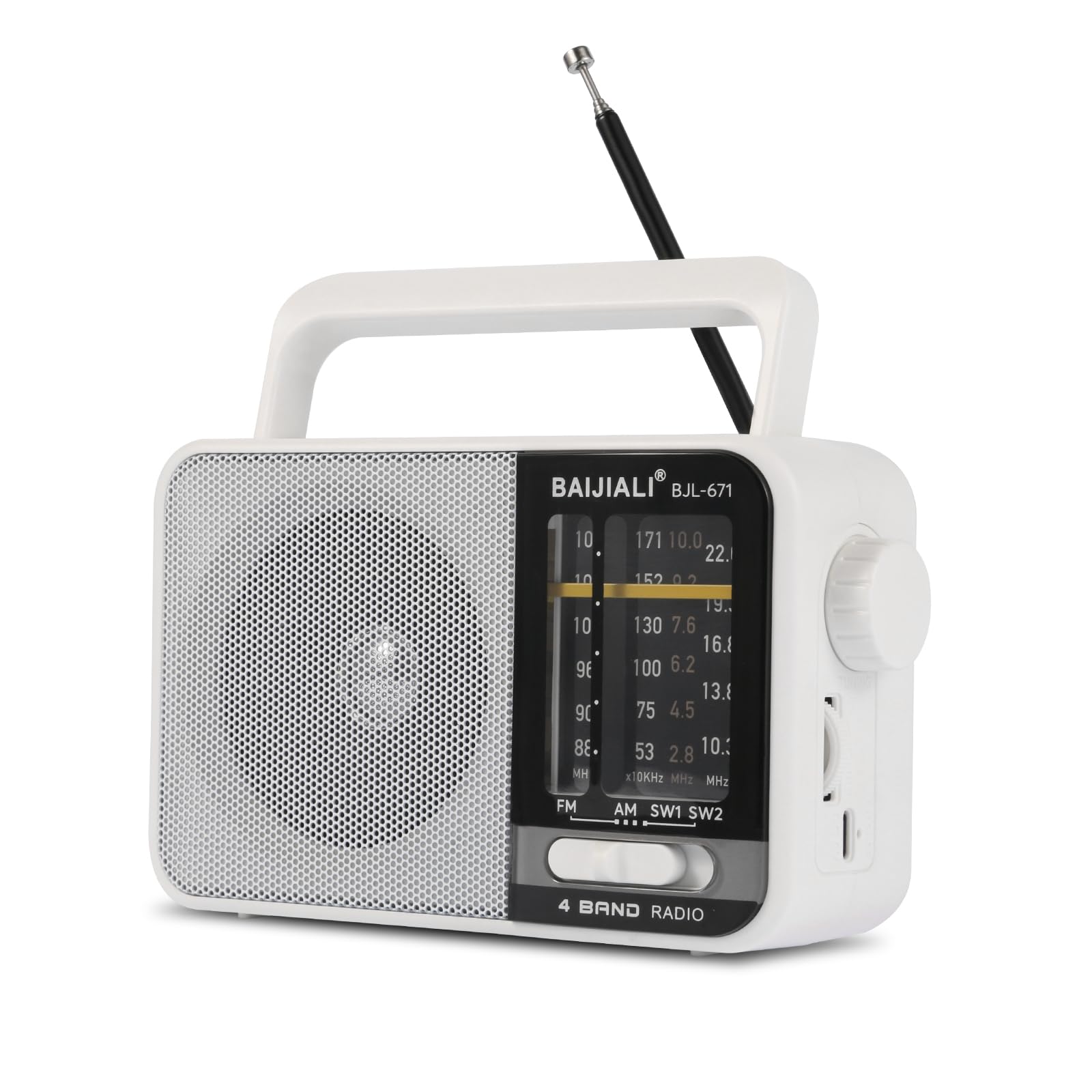 Photo 1 of BAIJIALI AM FM SW Portable Radio - Dual Power (Battery/USB) Emergency Receiver with Loudspeaker, Transistor Design for Indoor/Outdoor, Travel & Survival Kit Ready (White, BJL-671)