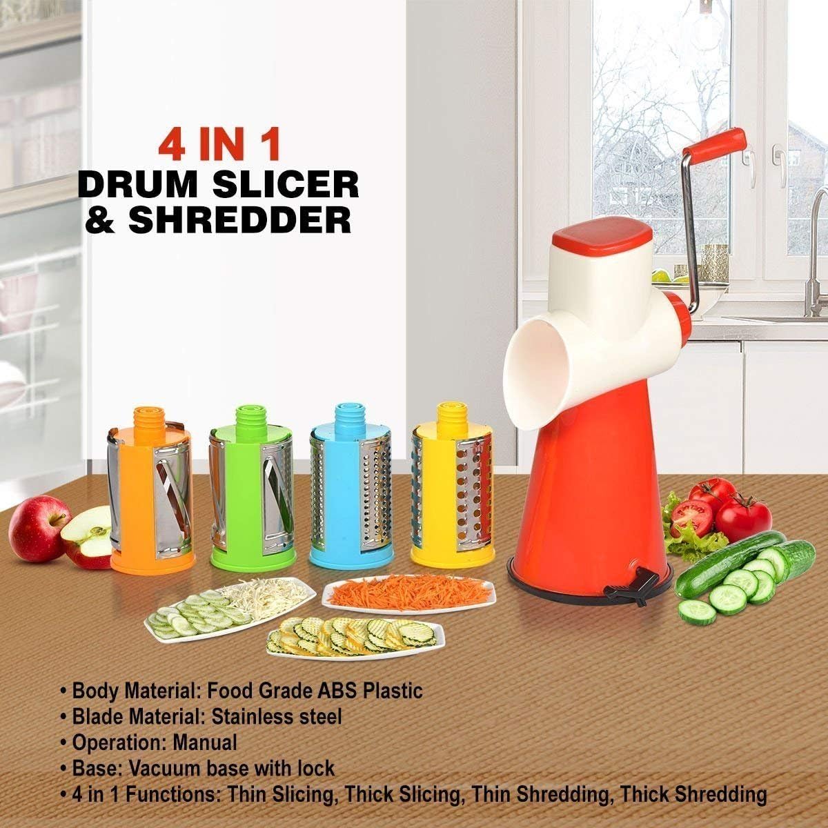 Kumaka 4 in 1 Drum Slicer & Shredder for Vegetable, Fruits, Chocolate, Dry Fruits, Salad Maker with 4 Different Attractive Drums