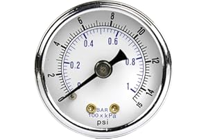 PIC Gauges 102D-158B-GL Center Back Mount Dry Pressure Gauge w/ Black Steel Case, Brass Internals, Chrome Bezel, Glass Lens, 1.5" Dial, 0/15 psi Range, 1/8" Male NPT