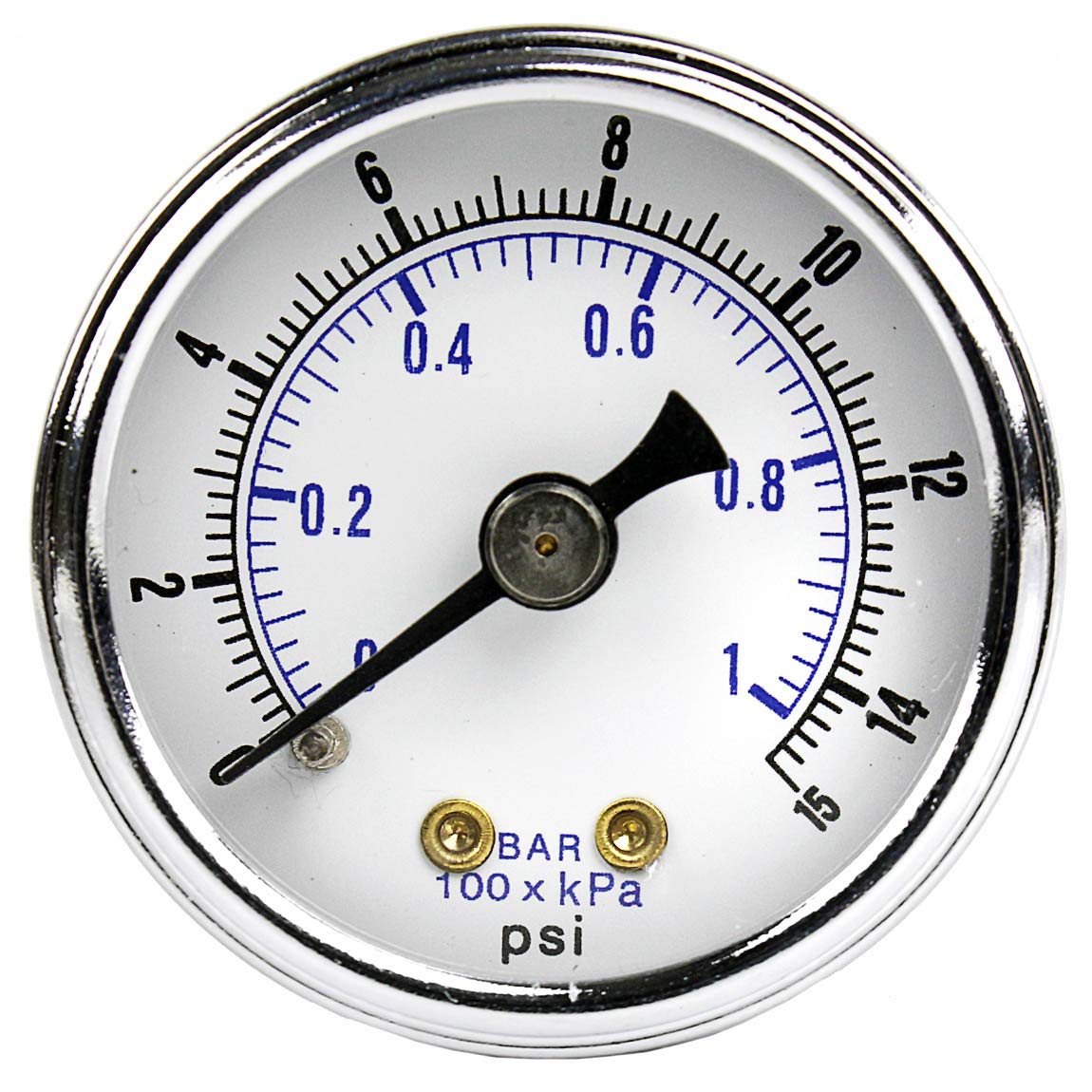 PIC Gauge 102D-158B-GL 1.5" Dial, 0/15 psi Range, 1/8" Male NPT Connection Size, Center Back Mount Dry Pressure Gauge with a Black Steel Case, Brass Internals, Chrome Bezel, and Glass Lens