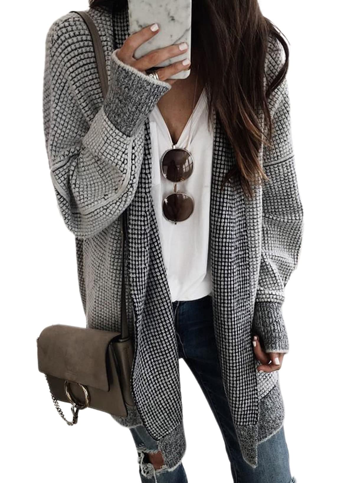 Photo 1 of (see all images) Sidefeel Womens Cardigan Plaid Open Front Chunky Knit Oversized Long Cardigan Sweaters Winter Coats Gray Large