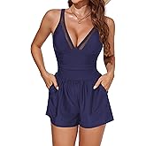 Smismivo Mesh Swim Romper for Women Tummy Control One Piece Swimsuit with Shorts and Pockets Slimming V Neck Bathing Suit