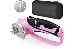 MERSHCA Cordless Electric Scissors, 4V Rechargeable Box Cutter & Cardboard Cutter with LED Light, Safety Lock - Rotary Cutter for Fabric, Leather, Carpet, Plastic, Crafting, Sewing with Storage Box (Pink)