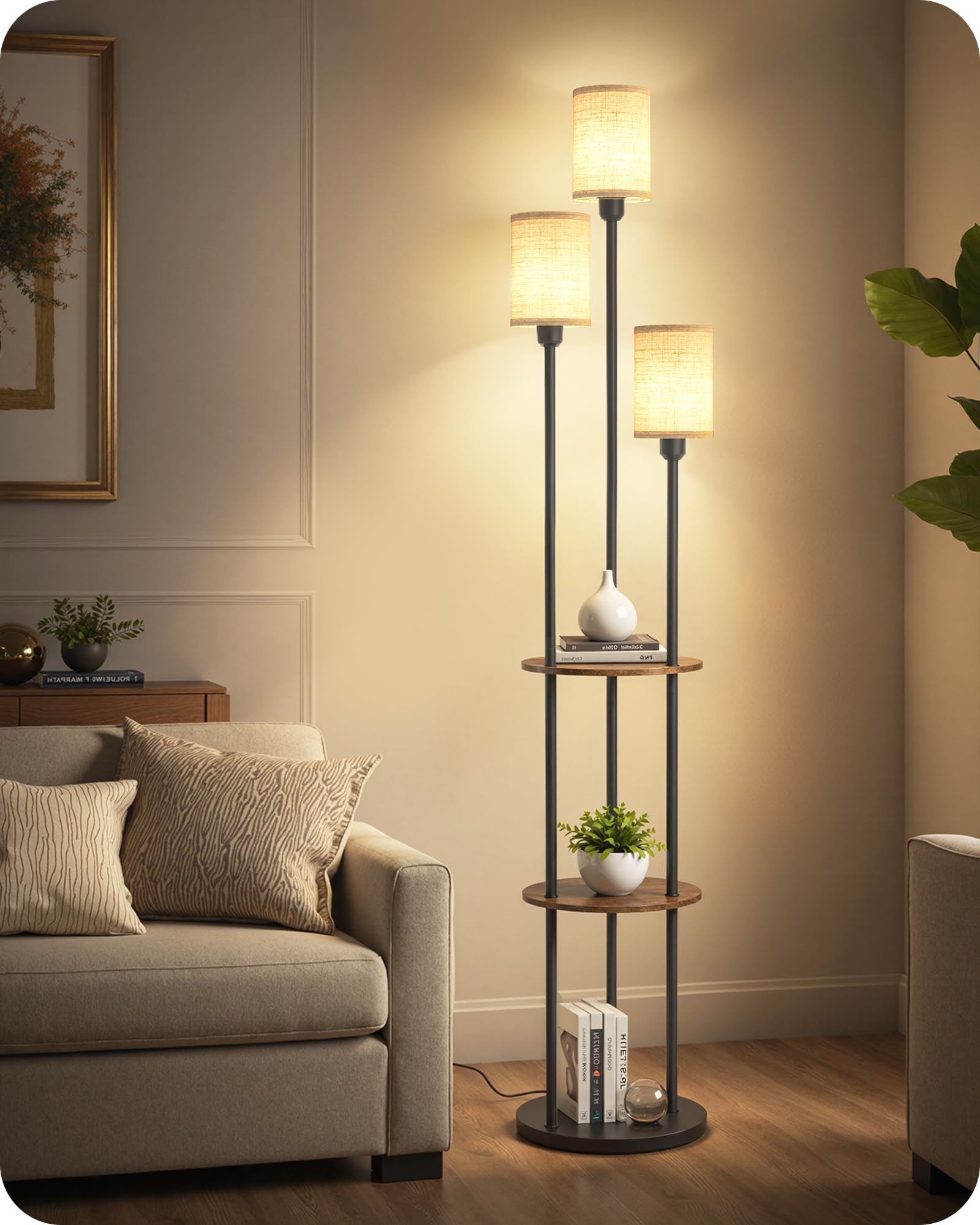Photo 1 of ****MISSING HARDWARE****
GOEBLESON Floor Lamp with Shelves, Modern Floor Lamp with 3 Linen Shades and Foot Switch, 3-Light Standing Lamp, for Living Room, Bedroom, Study, Office, Rustic Brown and Beige EF53LD05