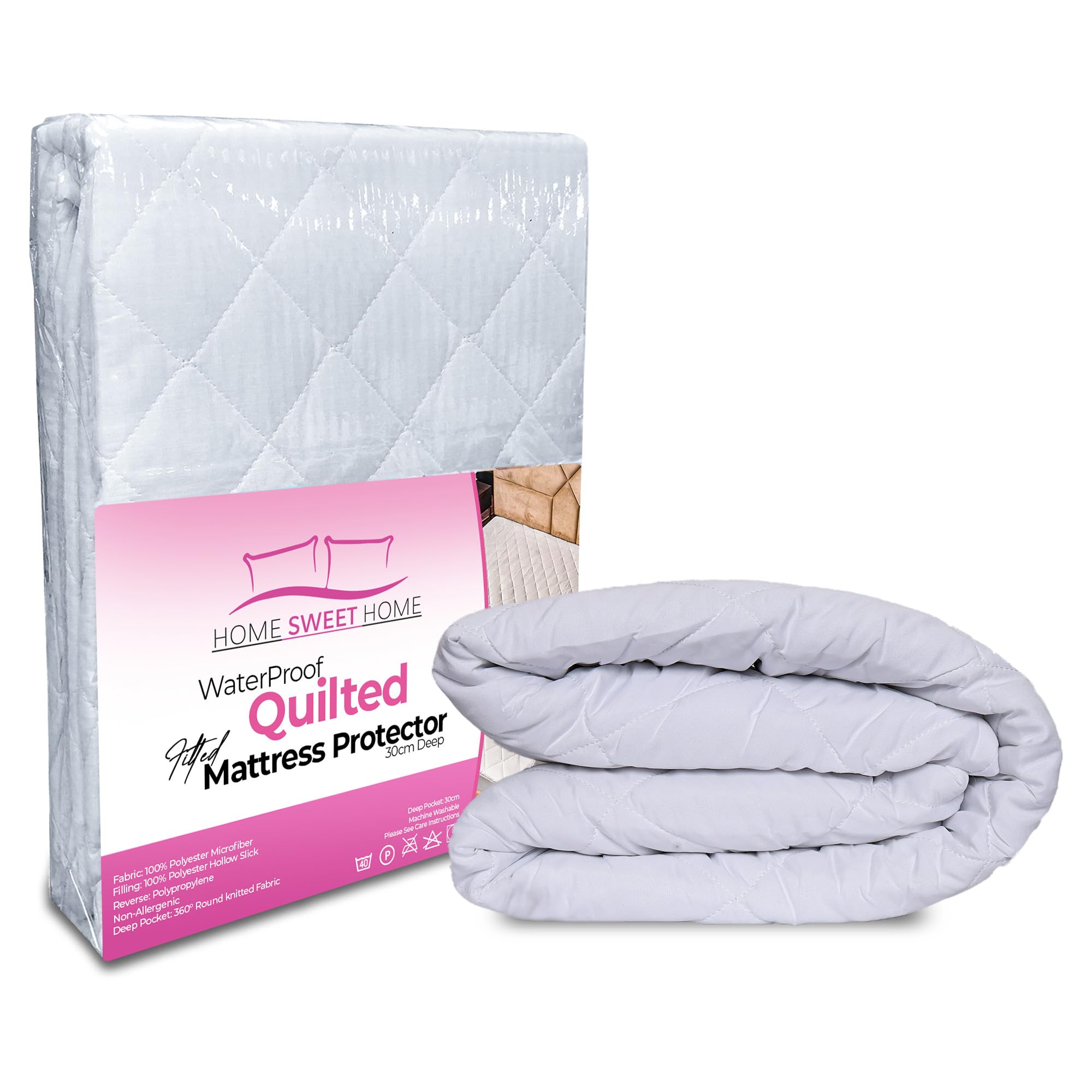 Home Sweet Home UK Waterproof Mattress Protector, Luxury Quilted Hypoallergenic Fitted Sheet Cover, Comes with Extra Deep Skirt, Ultra Soft Breathable & Noiseless Mattress Cover, White