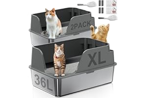 Ellenpent 2 Pack Stainless Steel Litter Box with Lid Grey, XL Metal Cat Litter Pan, High Sided, Anti-Urine Leakage, Odor-Free