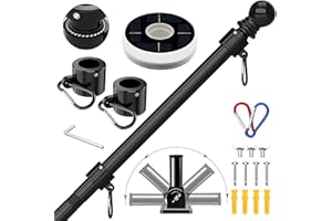 ZMTECH 6FT Flag Pole with Solar Light - 180° Adjustable Bracket, Stainless Steel Flag Poles for Outside House, Garden or Yard, Tangle Free Flagpole Kit for American Flag (Without Flag, Black)