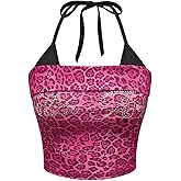 MakeMeChic Women's Y2K Cheetah Print Halter Tops Rhinestone Tie Backless Slim Fit Summer Crop Tops
