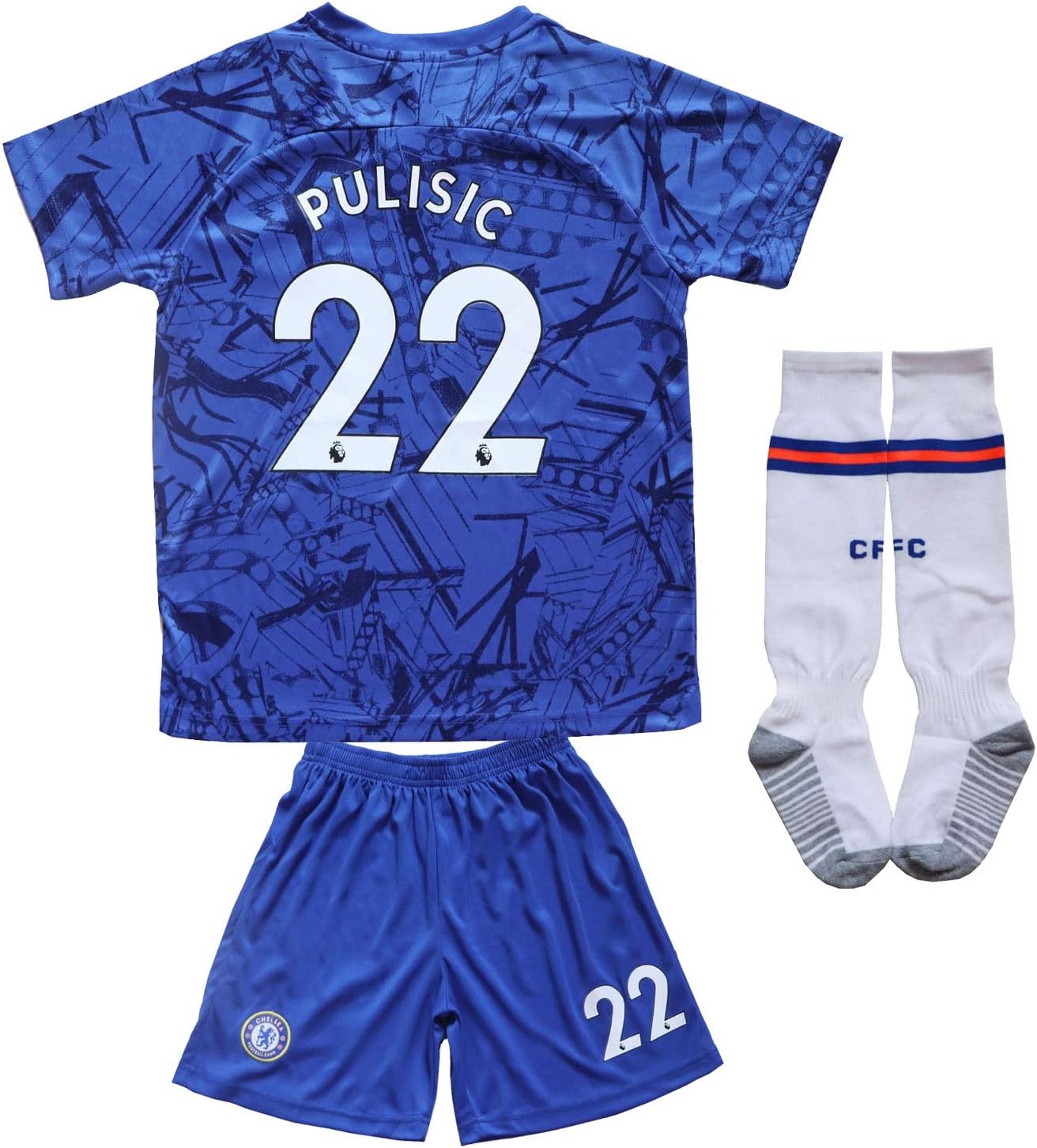 LES TRICOT 2019/2020 Chelsea Home #22 Christian PULISIC Soccer Kids Jersey Shorts Socks Set Youth Sizes (New Chelsea Home, 6-7 Years Old)