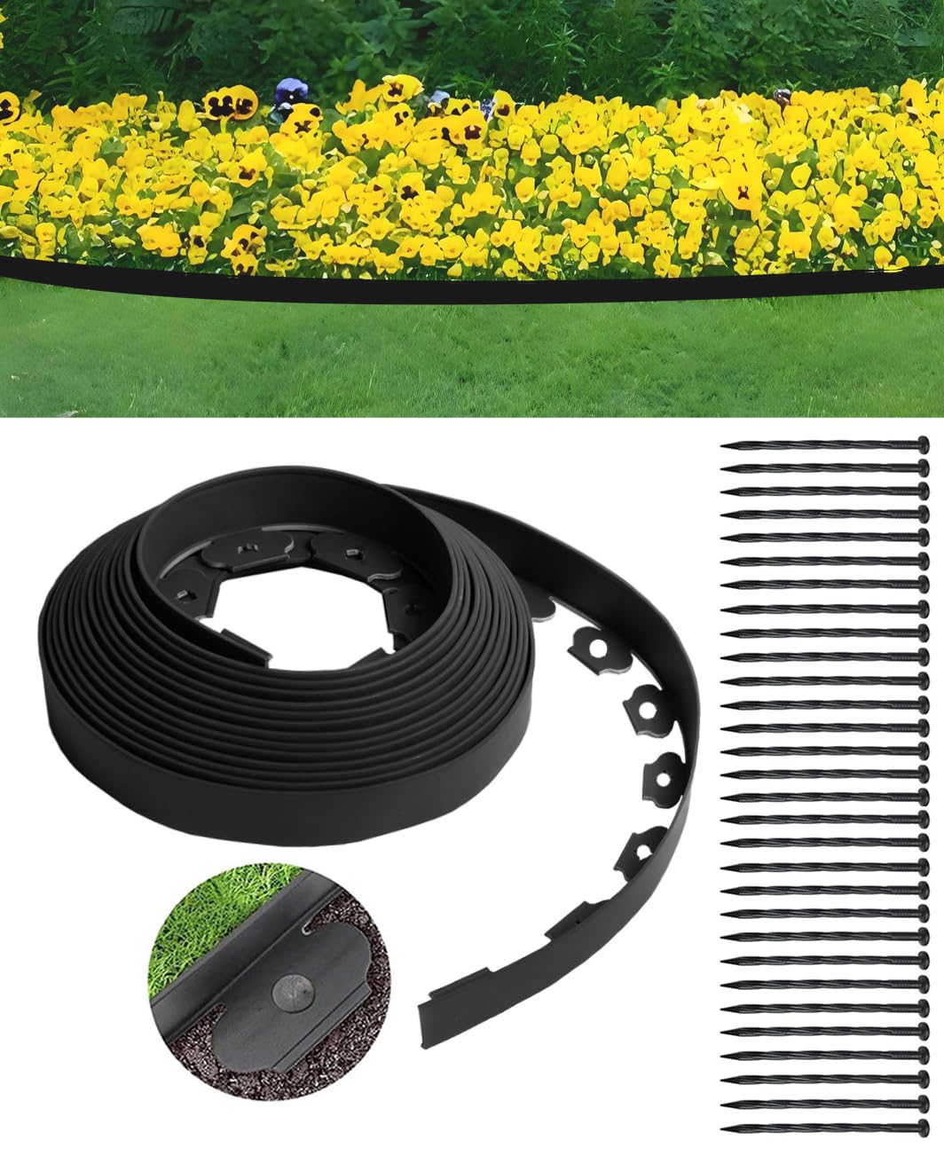 Lawn Edging Garden Borders, Bordure De Plate Bande Jardin, No Dig Landscaping Edging Placstic 33FT(10M) - 2 IN(5CM) High with 30 Spikes for Lawn Edger, Garden Border, Flower Bed,Gravel Path
