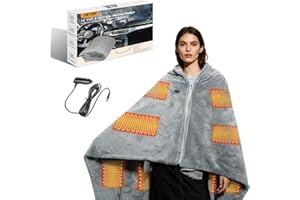 UKTOP 12 Volt Car Heated Blanket, 2-in-1 Wearable Car Blanket 59"X39" with 3 Heating Levels with Zipper for Car/Truck/SUV/RV, Camping & Travel Car Electric Blanket, Machine Washable, Grey