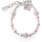 Cherished Moments 925 Sterling Silver Pink Butterfly Charm Bracelet for Babies, Toddlers or Little Girls. Simulated Pink Pearls, Crystals and Stardust Beads, Gift for Birthday or Granddaughter