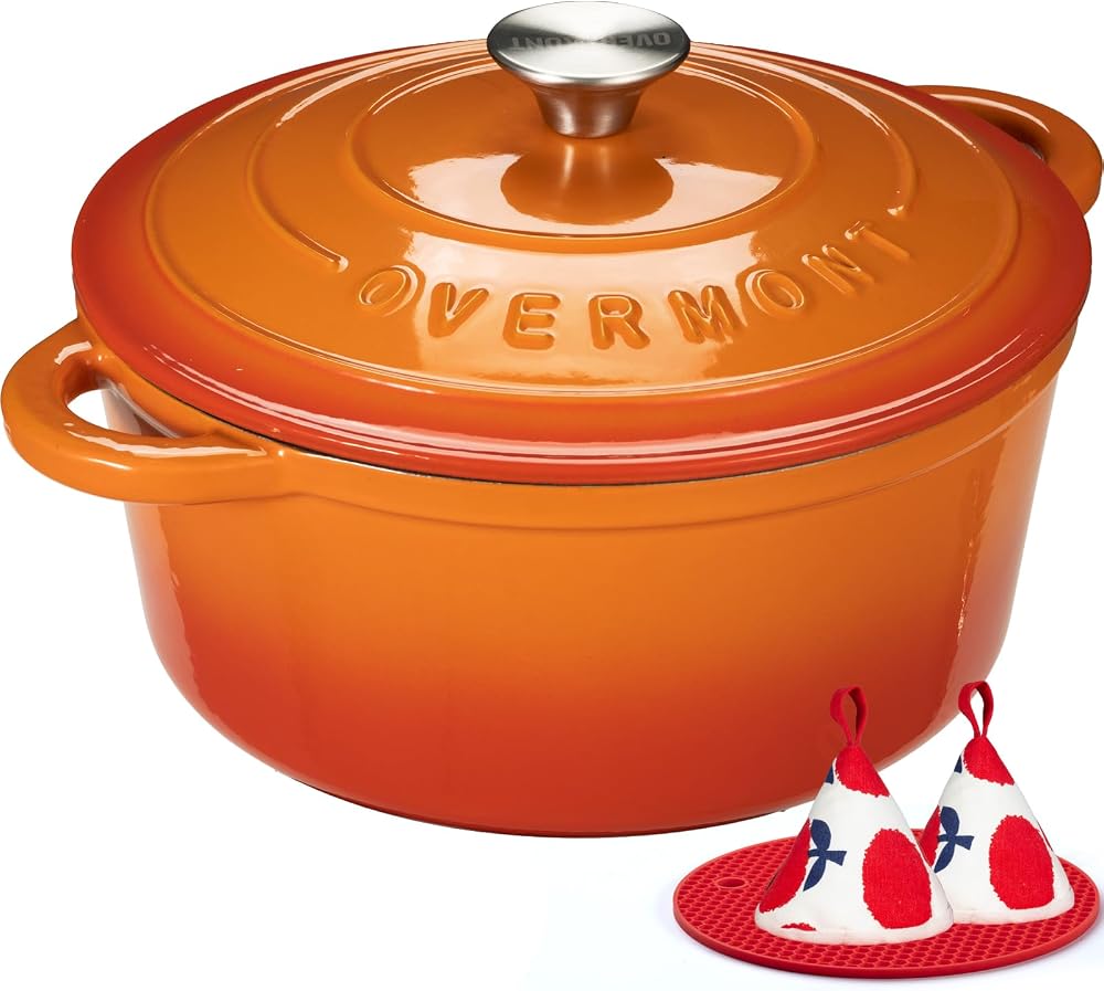 OVERMONT 28cm Enamelled Cast Iron Round Casserole Pot with Lid & Potholders