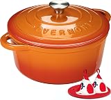 Overmont 24cm Enamelled Cast Iron Round Casserole Pot with Lid & Potholders