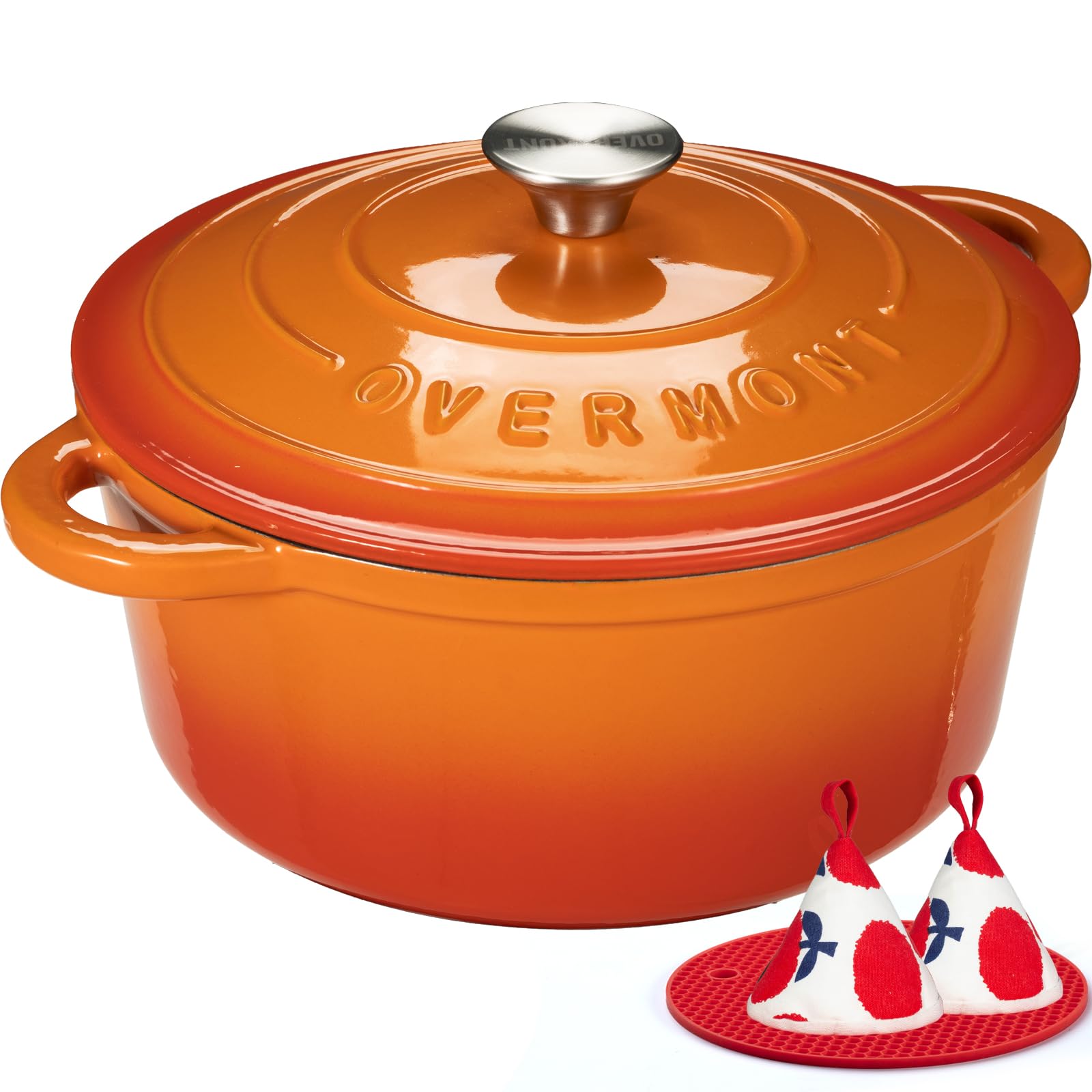 Overmont Enameled Cast Iron Dutch Oven - 7QT Pot with Lid Cookbook & Cotton Potholders - Heavy-Duty Cookware for Braising, Stews, Roasting, Sourdough Baking orange Image