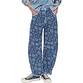 loveimgs Women Baggy Barrel Jeans Jacquard Floral Printed Mid Rise Wide Leg Jeans Boyfriend Elastic Waist Denim Pants Y2k