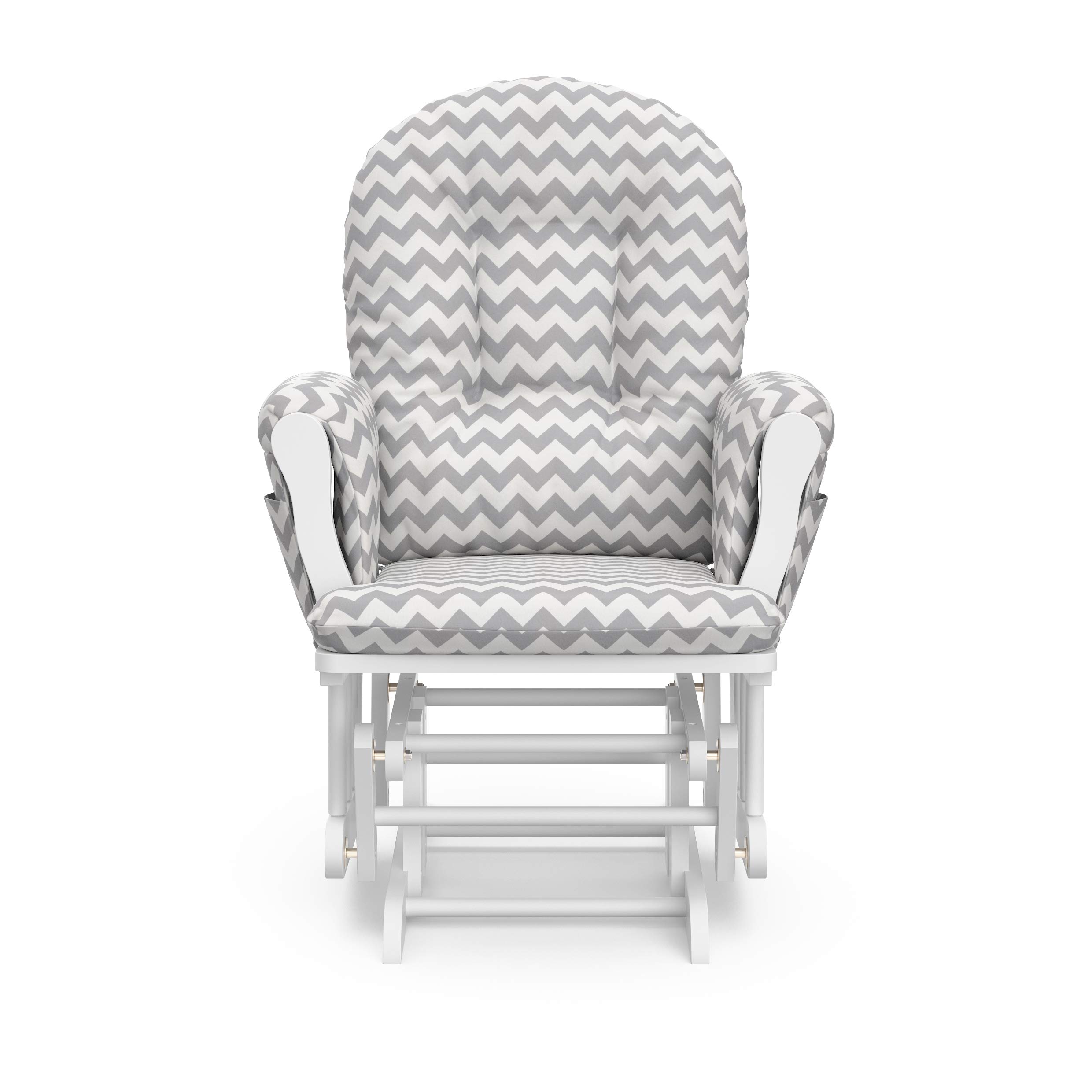 Storkcraft Premium Hoop Glider and Ottoman (White Base, Gray Chevron Cushion) – Padded Cushions with Storage Pocket, Smooth Rocking Motion, Easy to Assemble, Solid Hardwood Base