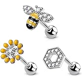 CM Crareesi Mania Honeycomb Tragus Piercing Jewelry Pack 316L Stainless Steel Bee Helix Piercing Jewelry 3pcs 16G Cartilage Earrings for Women Spring Gold Conch Piercing
