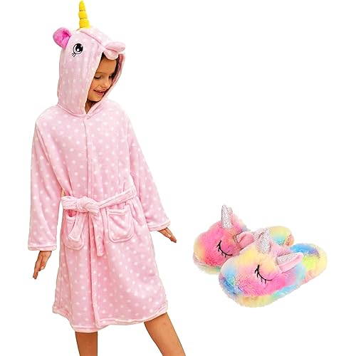 HulovoX Unicorn Hooded Bathrobe with Slippers, Unicorn Gifts for Girls